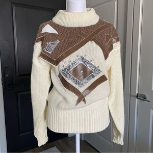 80s Vintage Spice of Life Cream and Brown Embellished Knit Sweater Size M